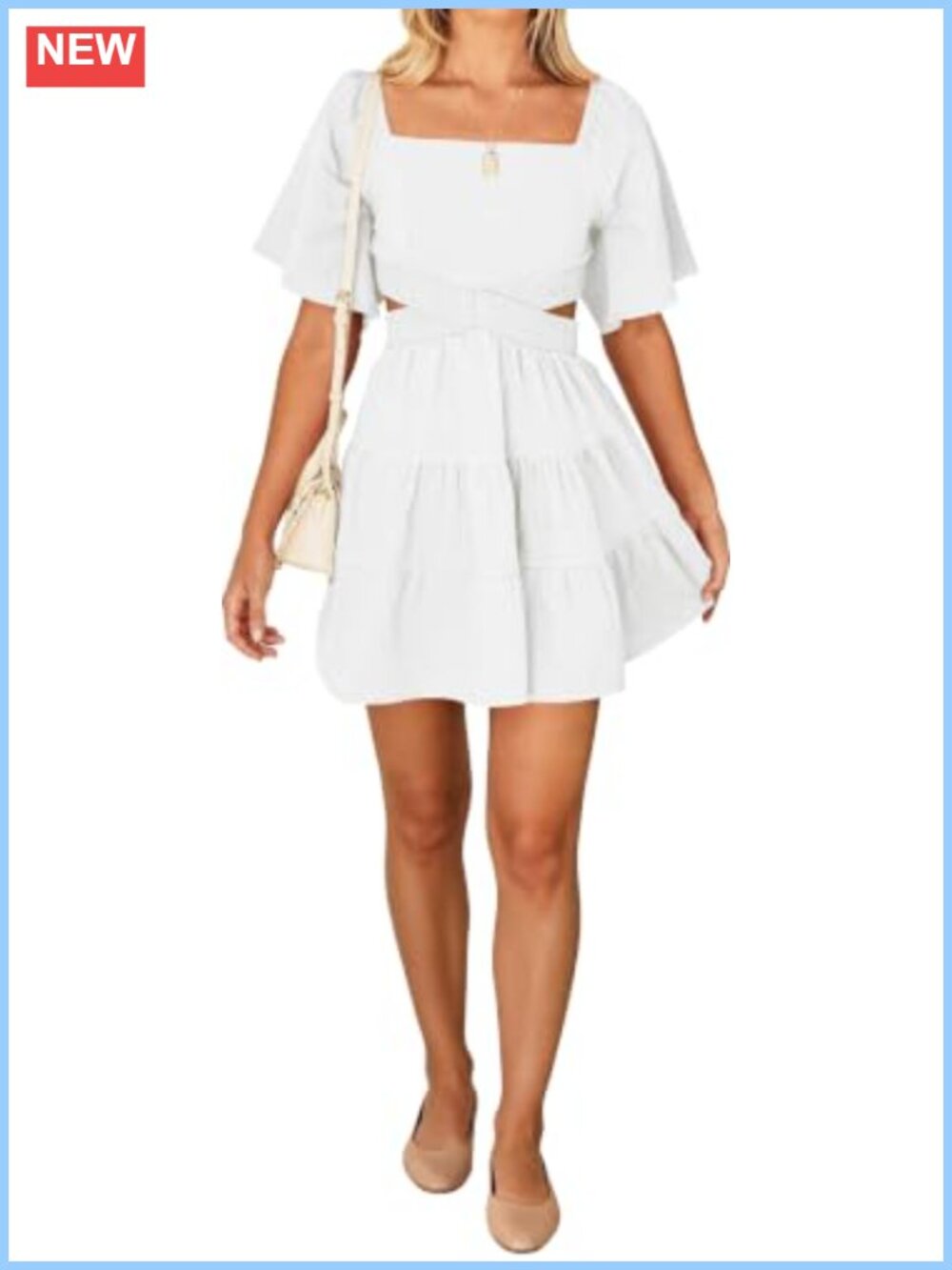 Square Neck Flared Short Sleeve Mini Dress A-Line Ruffle Hem